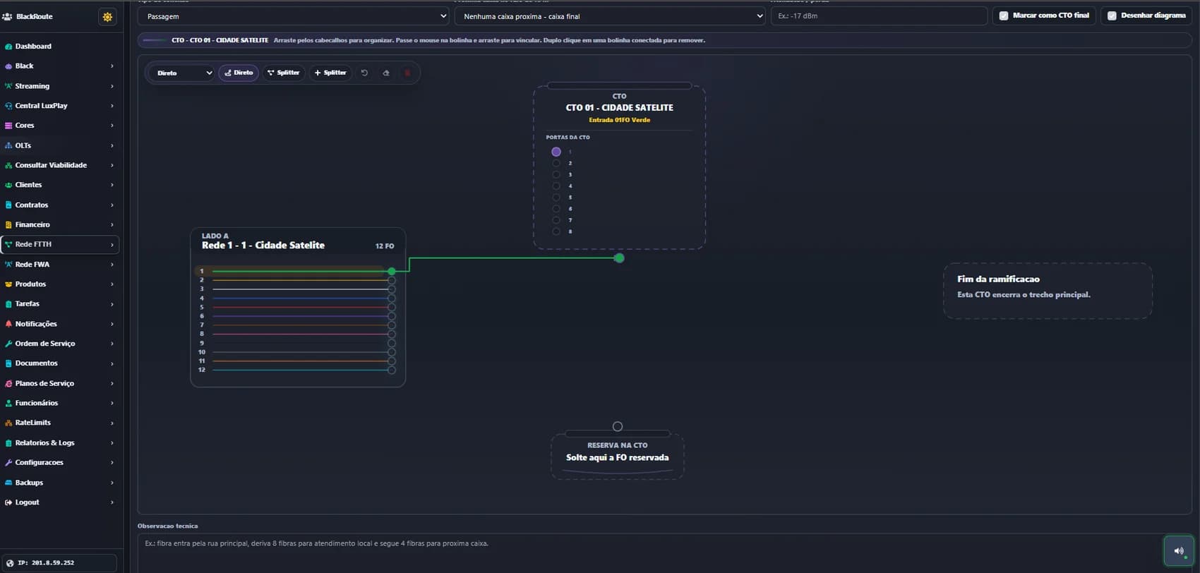 Tela do modulo Diagrama de fibra