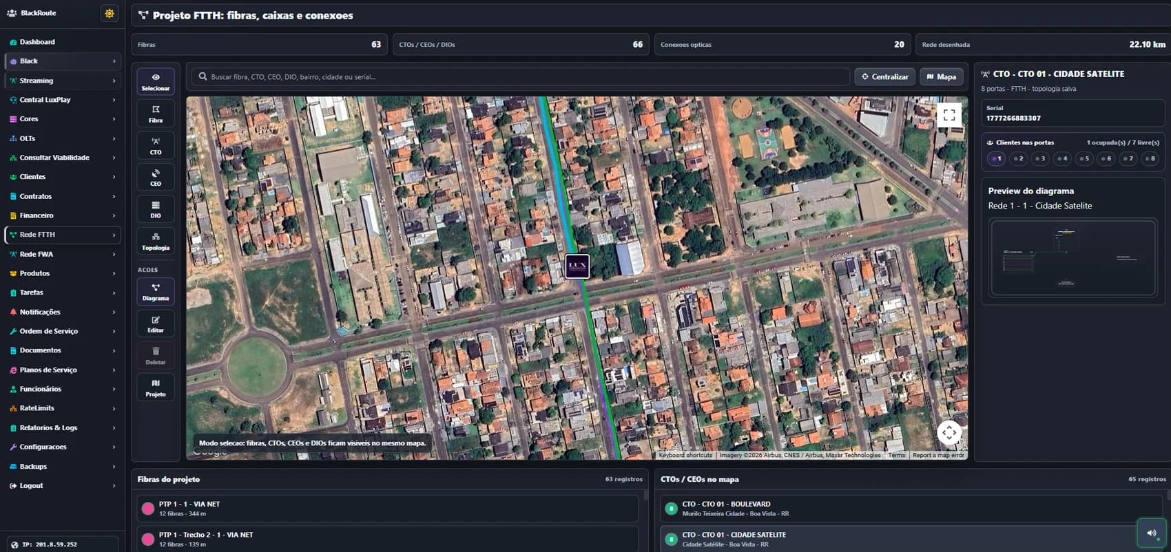 Tela do modulo Mapa FTTH detalhado